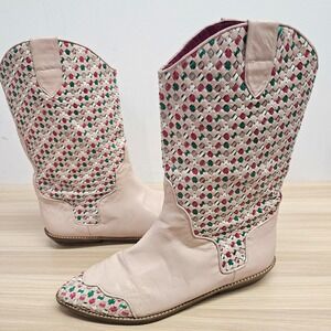 Vintage 80s Western‎ Boots Women 8 Pink Woven Leather Boho Daisy Festival GLACEE